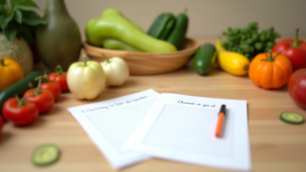 Liste de courses écrite à la main avec des produits alimentaires frais sur la table