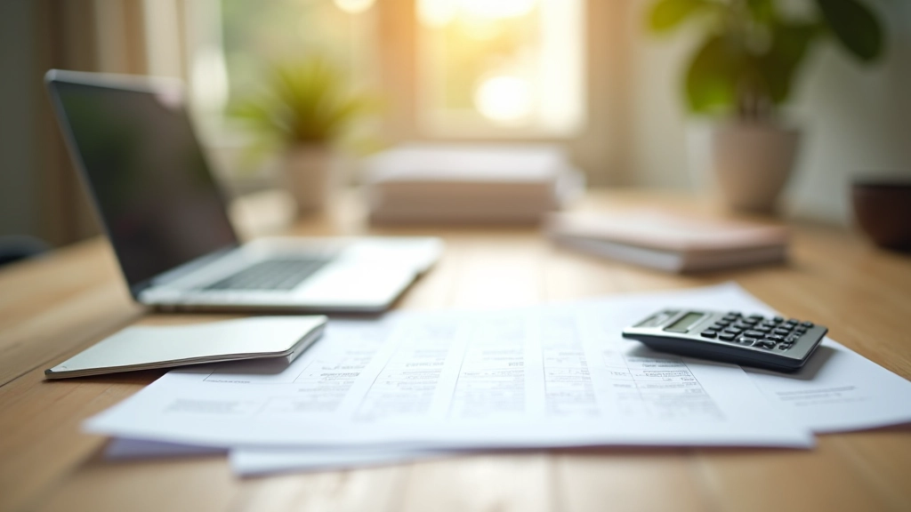 Espace de travail moderne avec documents budgétaires et calculatrice sur un bureau en bois