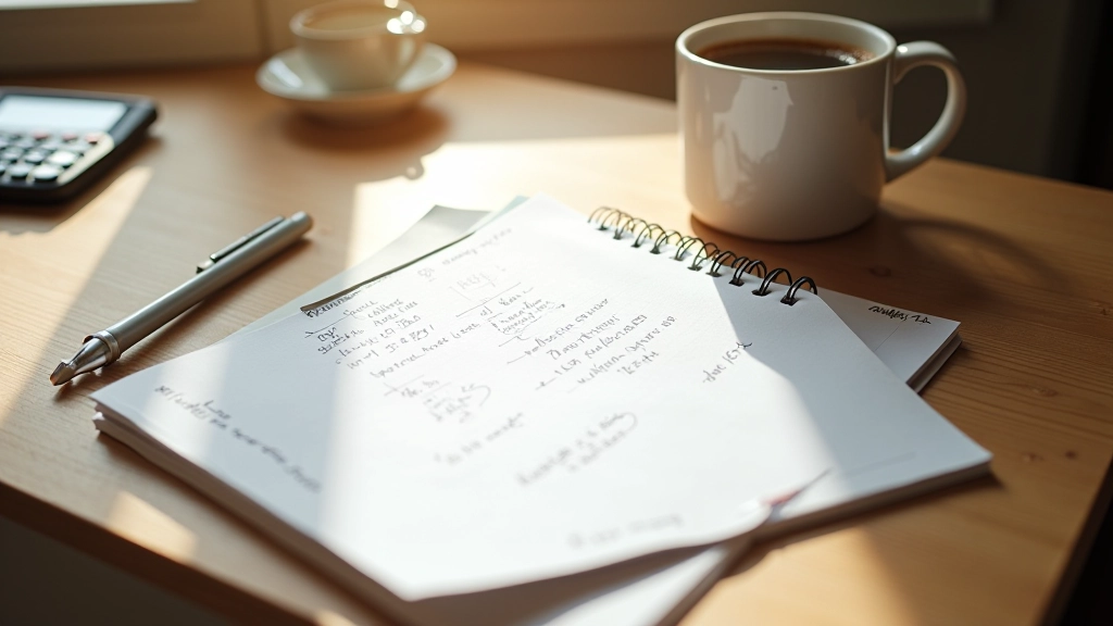 Cahier ouvert avec des notes manuscrites sur un bureau en bois avec une tasse de café