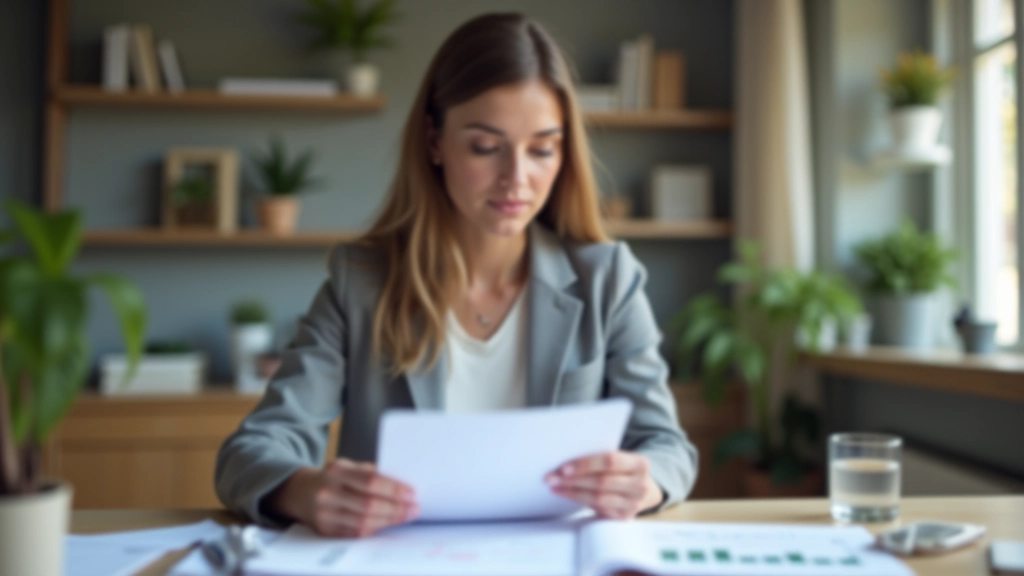 Femme regardant des documents budgétaires à son bureau, expression concentrée et positive