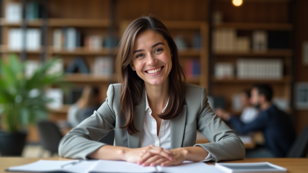 Femme souriante en train de consulter des documents dans un bureau avec des ressources à disposition